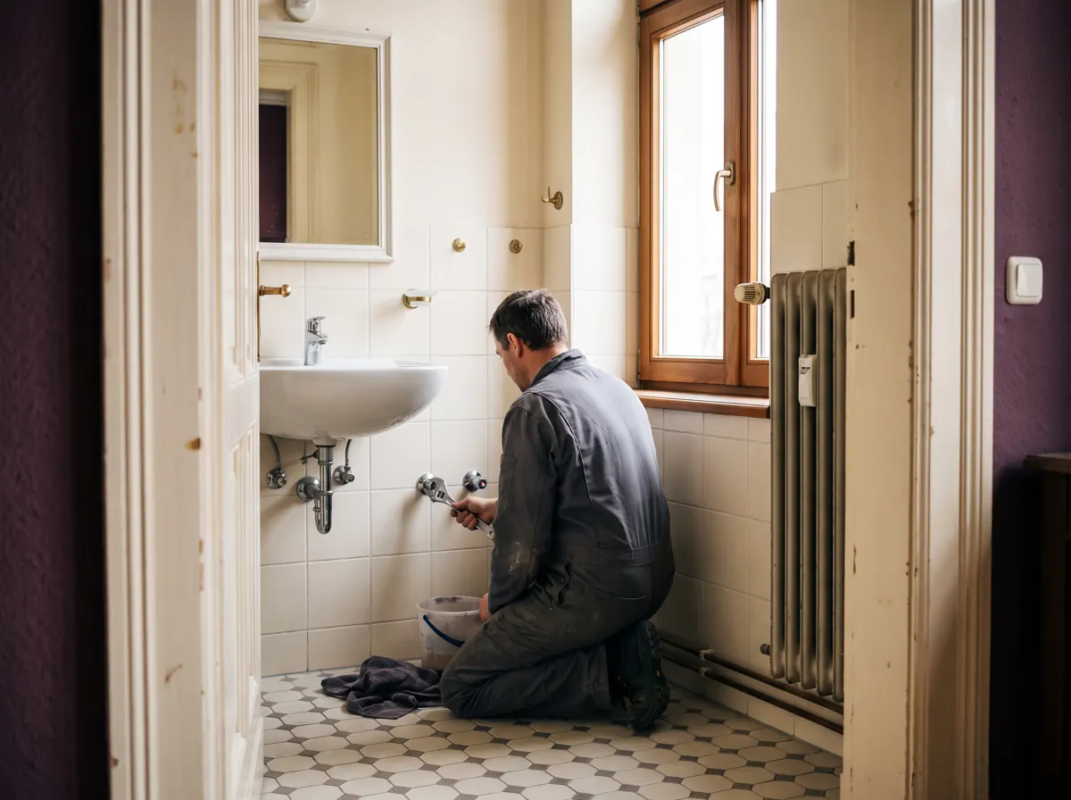 Altbau-Bad: Klempner dreht an einem Wandventil unter dem Waschbecken – Symbolbild für Buckow