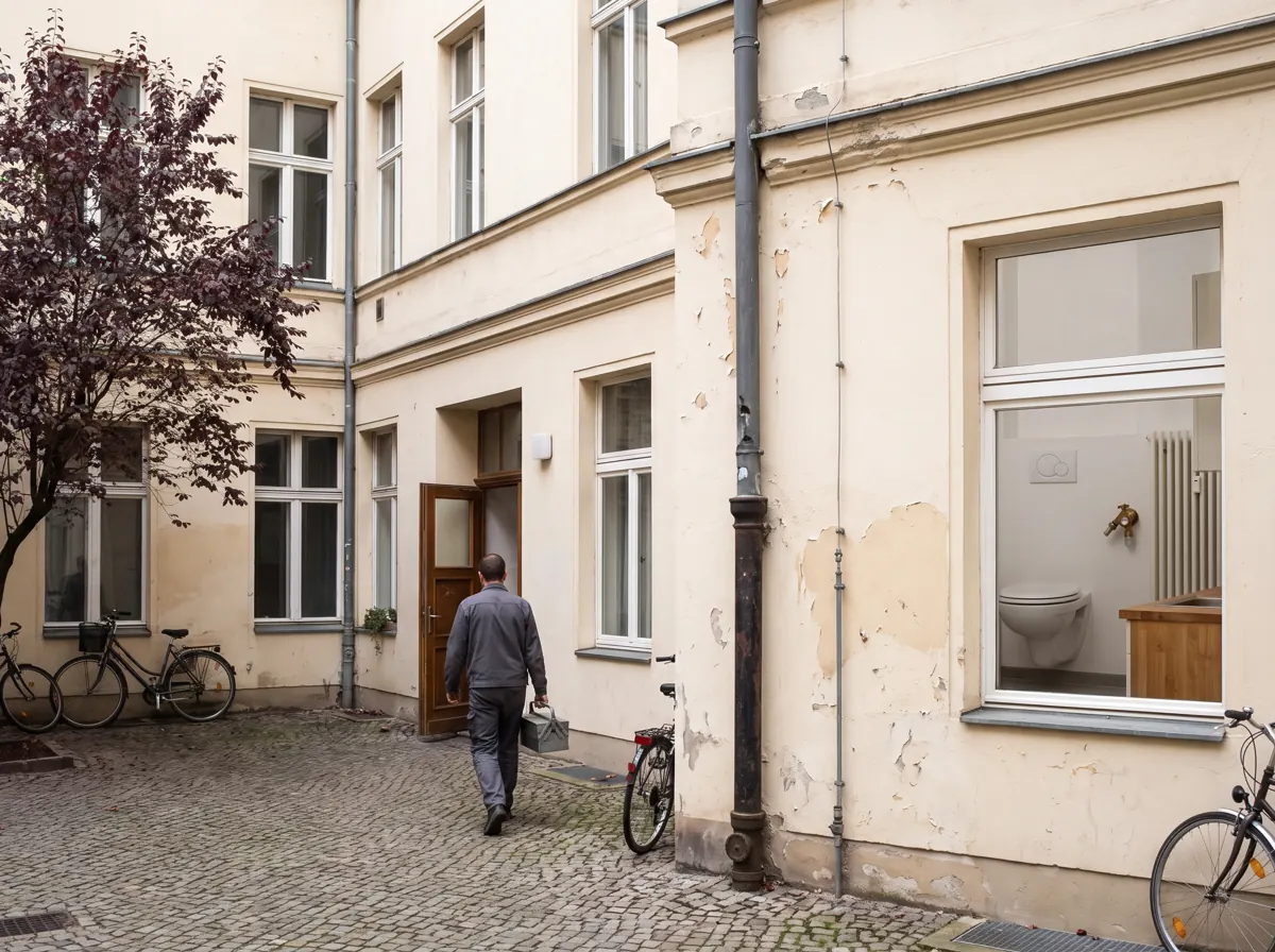 Gründerzeit-Hinterhof mit Fallrohr, Klempner auf dem Weg zum Seitenflügel – Symbolbild für Mitte