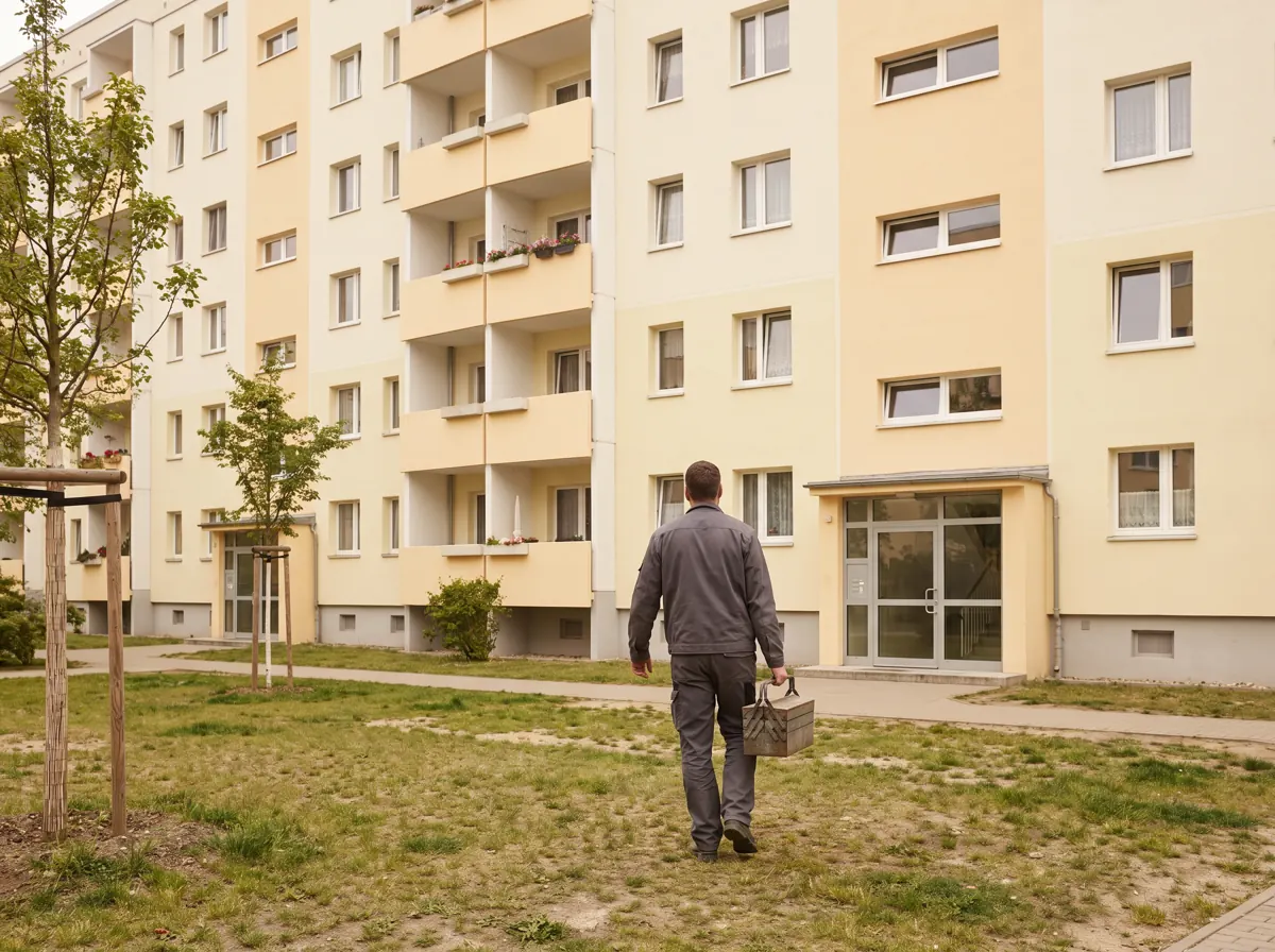 Sanierter Plattenbau, Klempner mit Werkzeugkiste auf dem Weg zum Eingang – Symbolbild für Lichtenberg