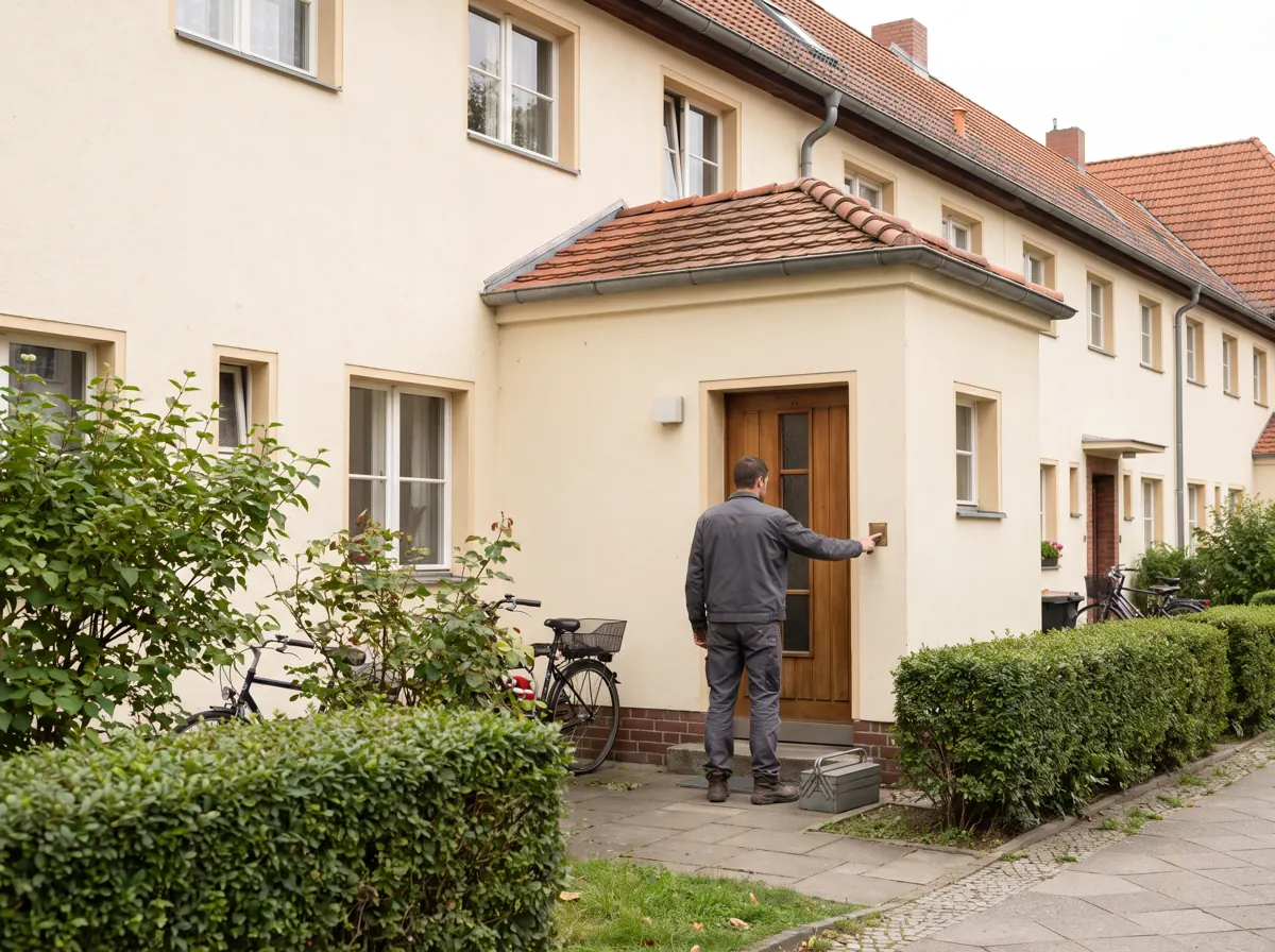 Reihenhäuser einer 1920er-Siedlung, Klempner klingelt an der Haustür – Symbolbild für Lichtenrade