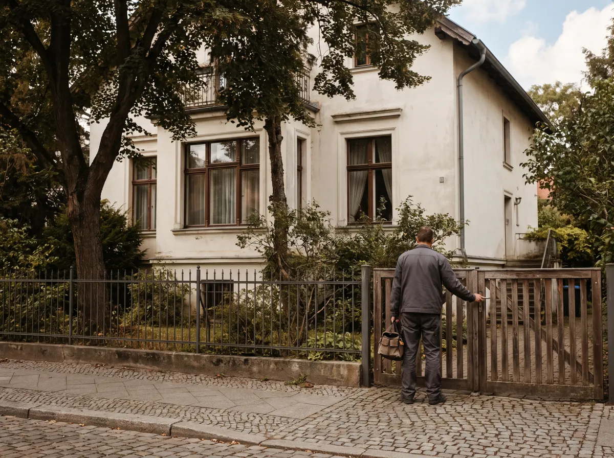 Villa mit Vorgarten, Klempner mit Werkzeugtasche am Gartentor – Symbolbild für Lichterfelde